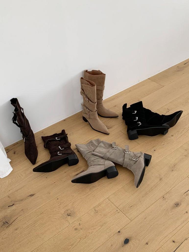 釦帶麂皮尖頭短靴